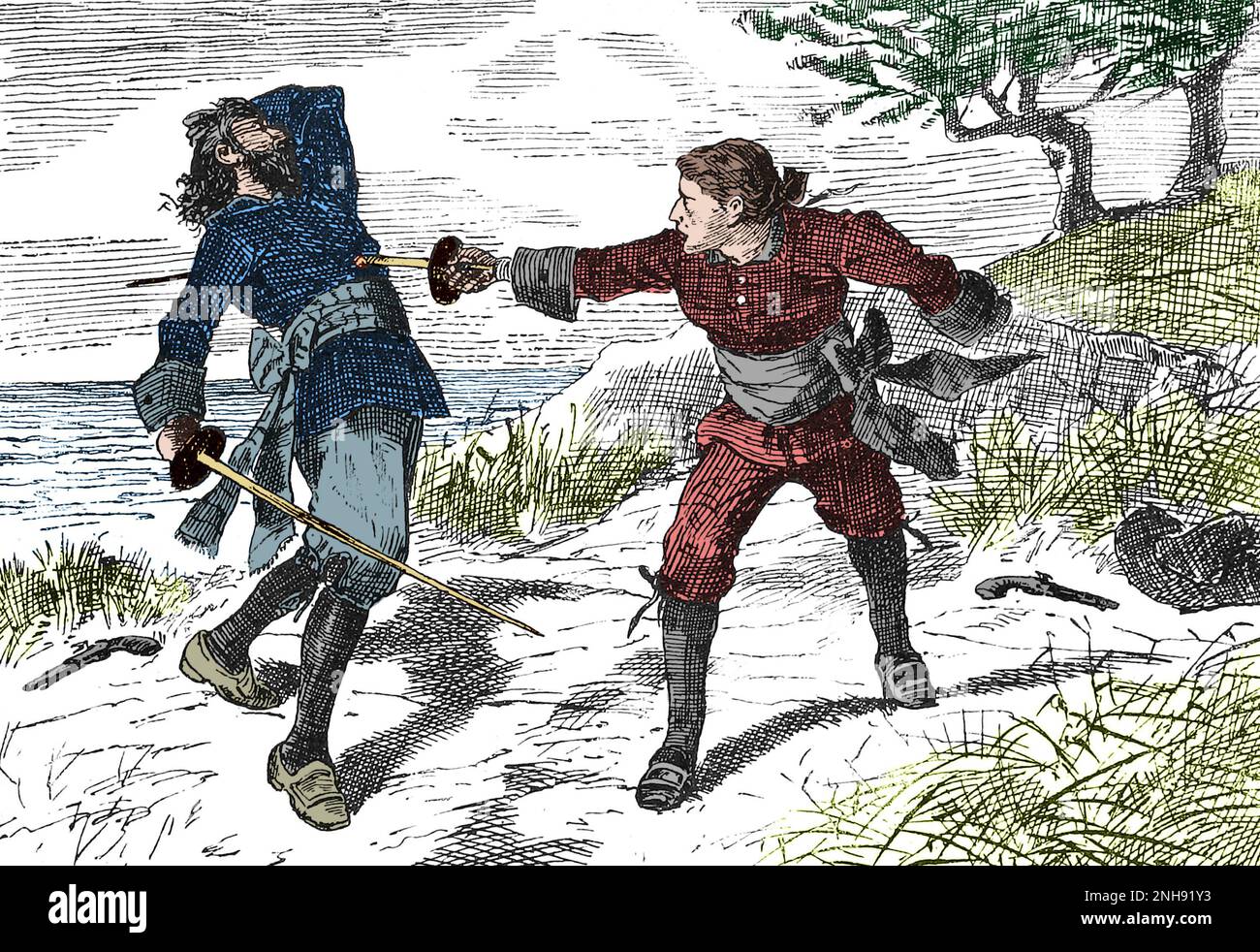 Irish pirate Anne Bonny (1697-1721) disguised as a man, killing another sailor in a duel. Illustration John Abbott, 1874. Colorized. Stock Photo