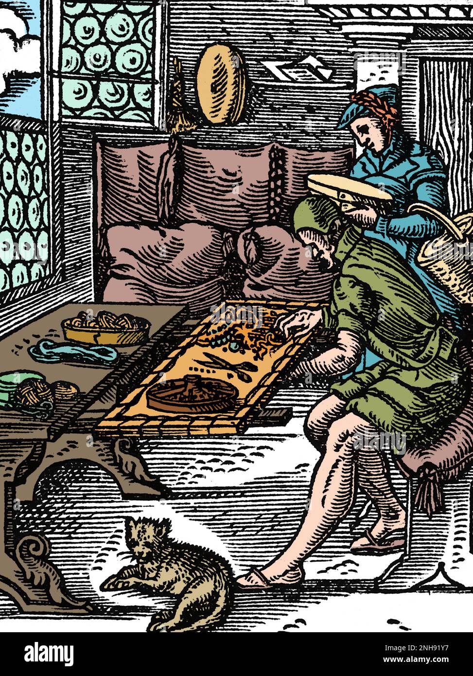 Male and female brocade-makers embroidering a fabric with gold silk and precious stones. Woodcut from Jost Amman's Book of Trades, 1568. Colorized. Stock Photo