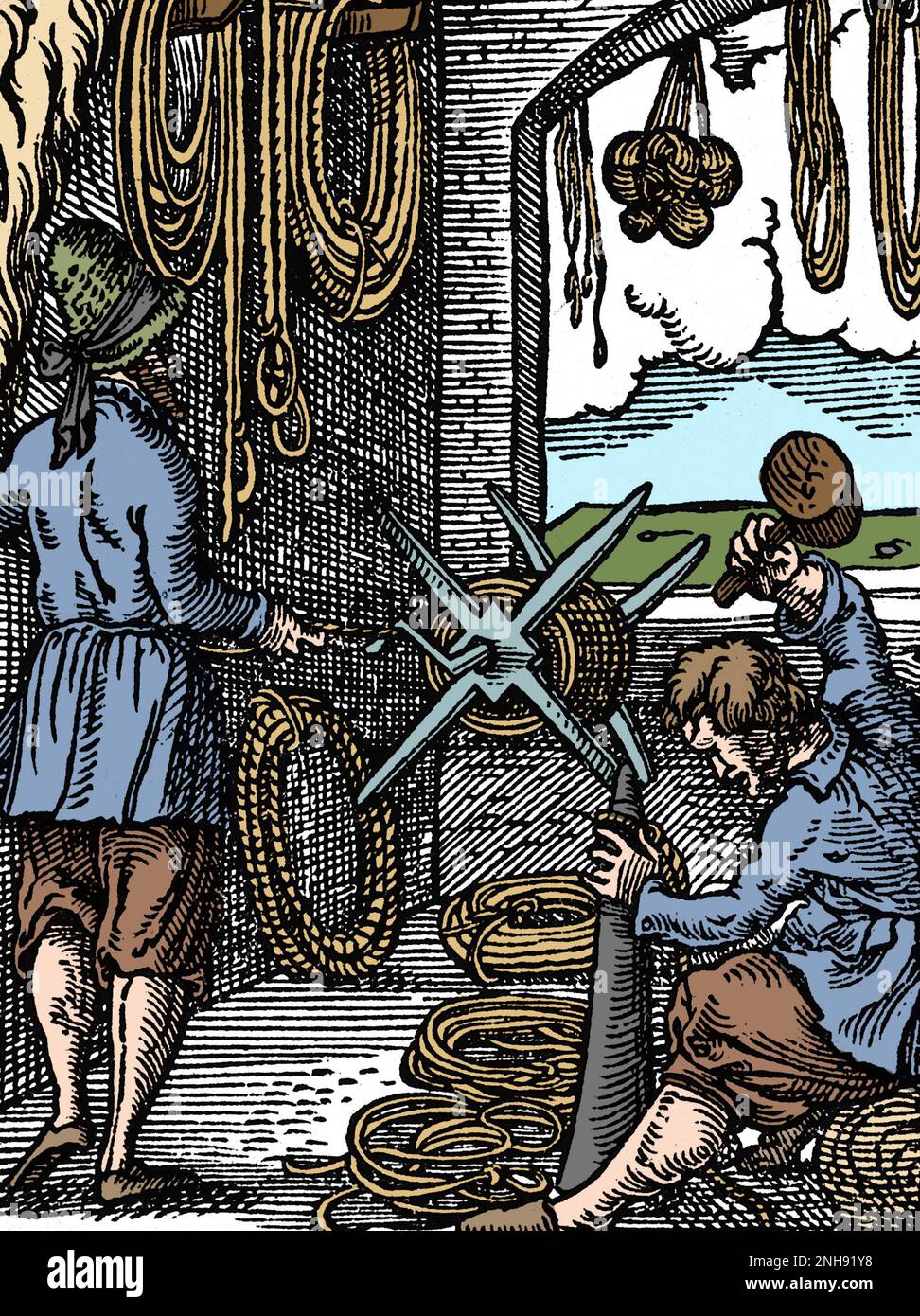 A ropemaker and his assistant making ropes for use in ships, building, and  hunting. Woodcut from Jost Amman's Book of Trades, 1568. Colorized Stock  Photo - Alamy