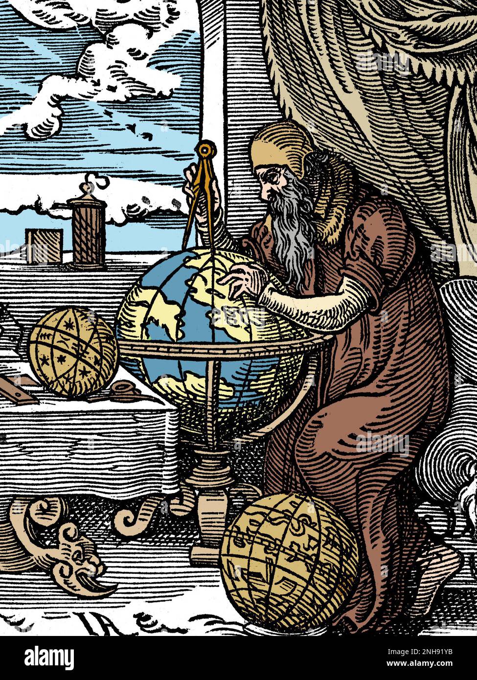 An astronomer and astrologer in his study, plotting points on a globe ...