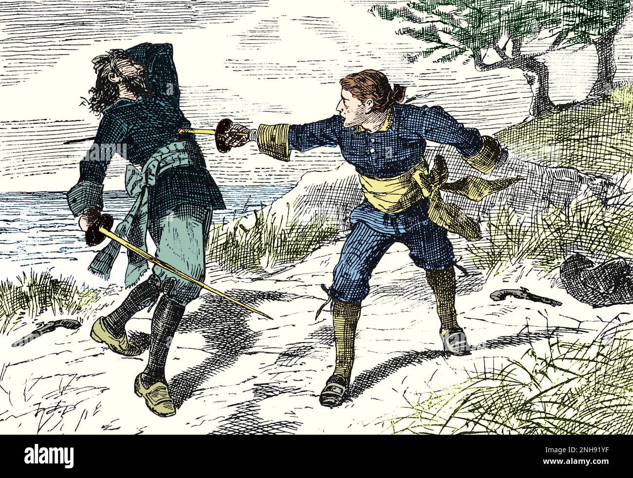 Irish pirate Anne Bonny (1697-1721) disguised as a man, killing another sailor in a duel. Illustration John Abbott, 1874. Colorized. Stock Photo
