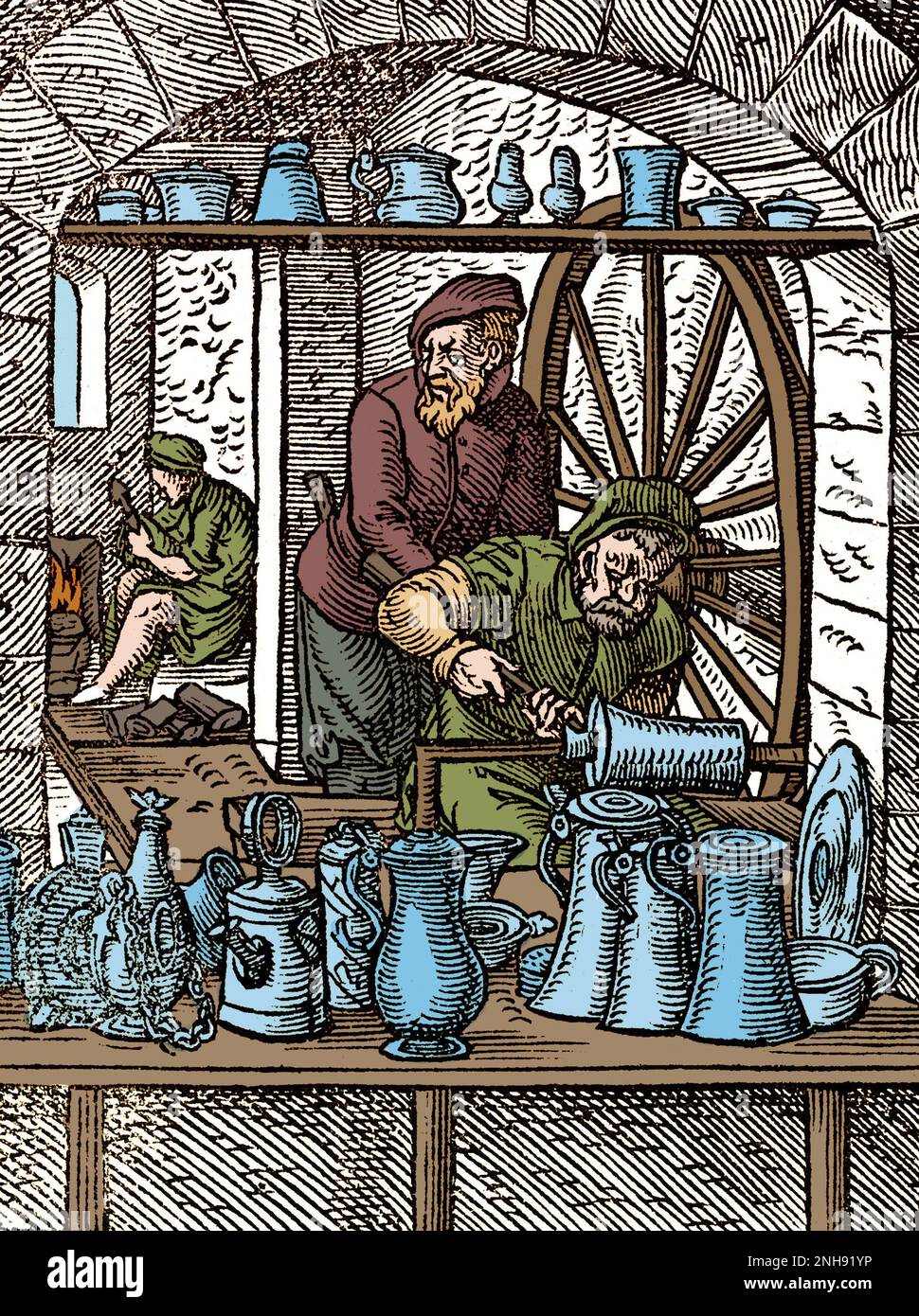 Tin-founders and pewterers making jugs, drinking vessels and other items. Woodcut from Jost Amman's Book of Trades, 1568. Colorized. Stock Photo