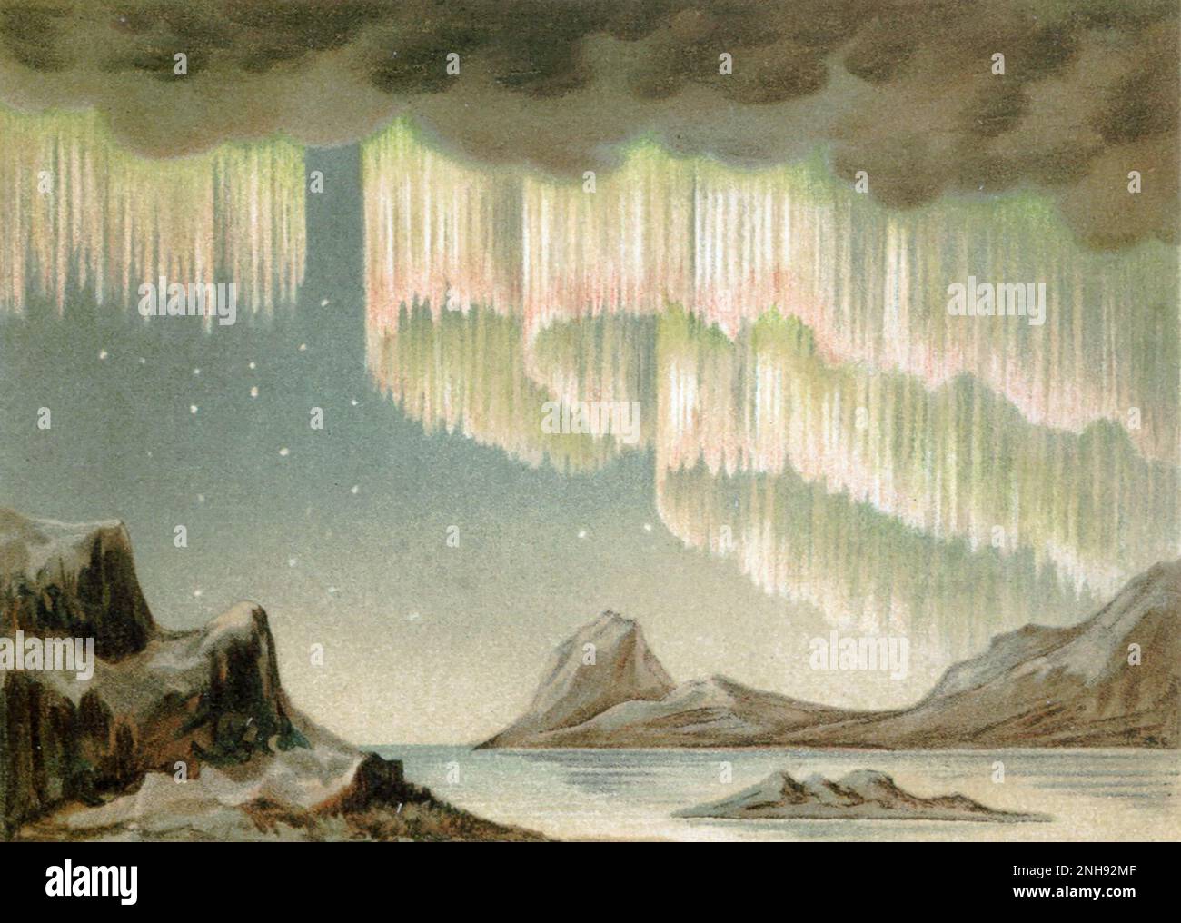 Chromolithograph with image of northern lights, circa 1908. Artist unknown. Stock Photo