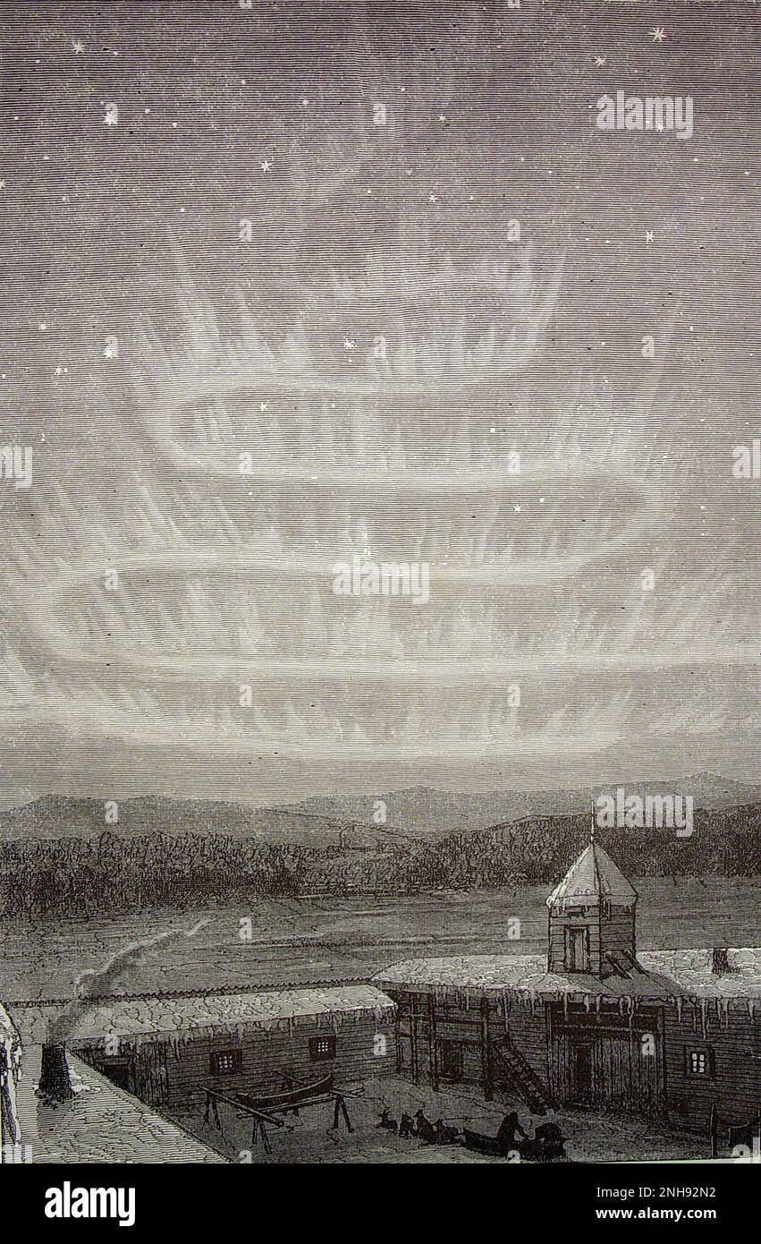 Northern Lights observed in Alaska. Engraving from The Physical World by A. Guillemin, 1882. Stock Photo