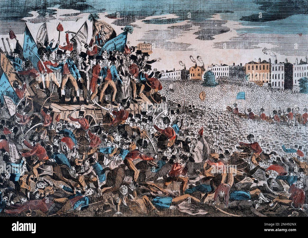 The Peterloo Massacre took place at St Peter's Field, Manchester, Lancashire, England, on Monday 16 August 1819. Fifteen people died when cavalry charged into a crowd of around 60,000 people who had gathered to demand the reform of parliamentary representation. This print was published on the 27th of August, 1819, and depicts radical orator Henry Hunt's arrest by constables. Stock Photo