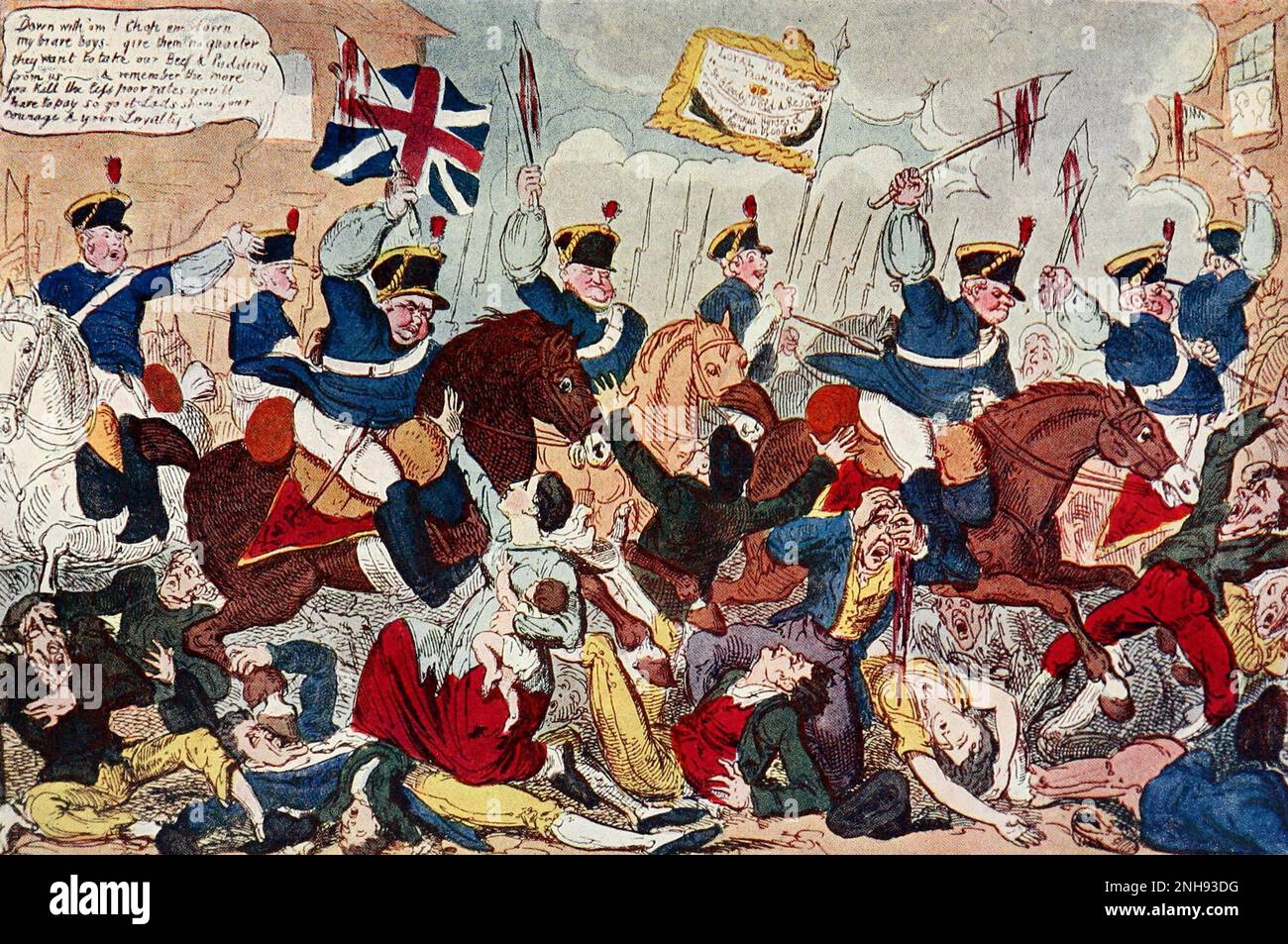 The Massacre of Peterloo or Britons Strike Home, representing the charge of the Manchester Yeomanry on the unarmed populace in St. Peter's Fields, Manchester. George Cruikshank, 1819. The Peterloo Massacre took place at St Peter's Field, Manchester, Lancashire, England, on Monday 16 August 1819. Fifteen people died when cavalry charged into a crowd of around 60,000 people who had gathered to demand the reform of parliamentary representation. Stock Photo