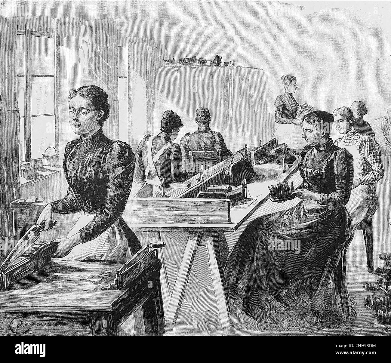 Blind women making boots at a school for the blind in the 19th century. Valentin Hauy (1745-1822) established the first school for the blind in 1785 in Paris, which Louis Braille attended in 1819. Other schools for the blind followed his model. Stock Photo