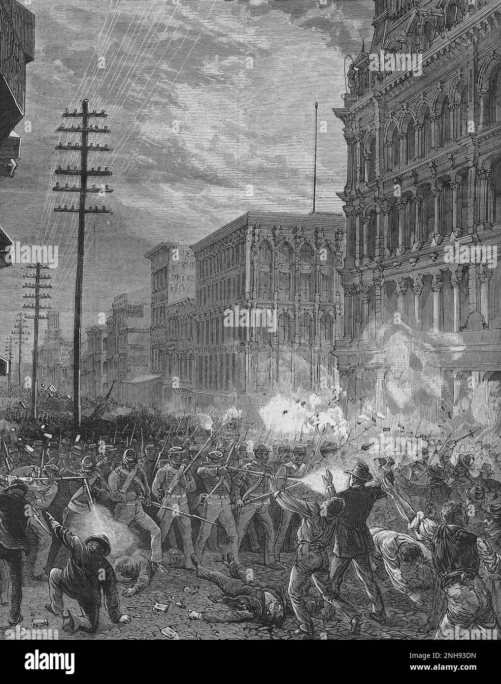 The Great Railroad Strike of 1877 began on July 14 in Martinsburg, West Virginia, after the B&O Railroad cut wages for the third time in a year. It spread to other cities and was ended by federal troops and militia after 52 days. This engraving shows the 'Sixth Regiment Fighting its way through Baltimore' on 11 August, 1877. Illustration from Harper's Weekly. Stock Photo