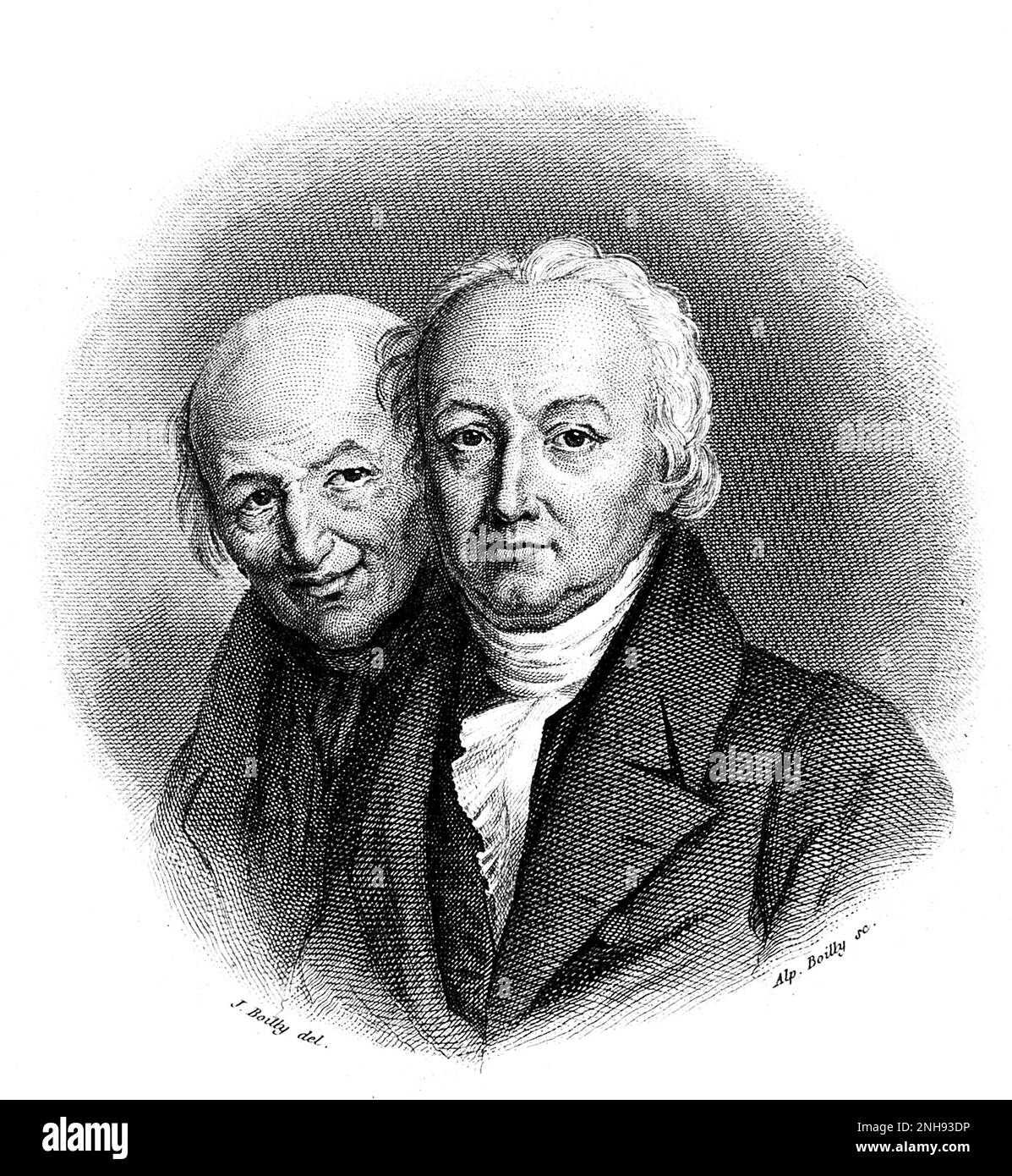 Brothers Rene-Just Hauy (left) and Valentin Hauy. Engraving by A. Boilly after J. Boilly, 19th century. Valentin Hauy (1745-1822) established the first school for the blind in 1785 in Paris. Rene Just Hauy (1743-1822) was a priest and mineralogist, considered the father of modern crystallography. Stock Photo