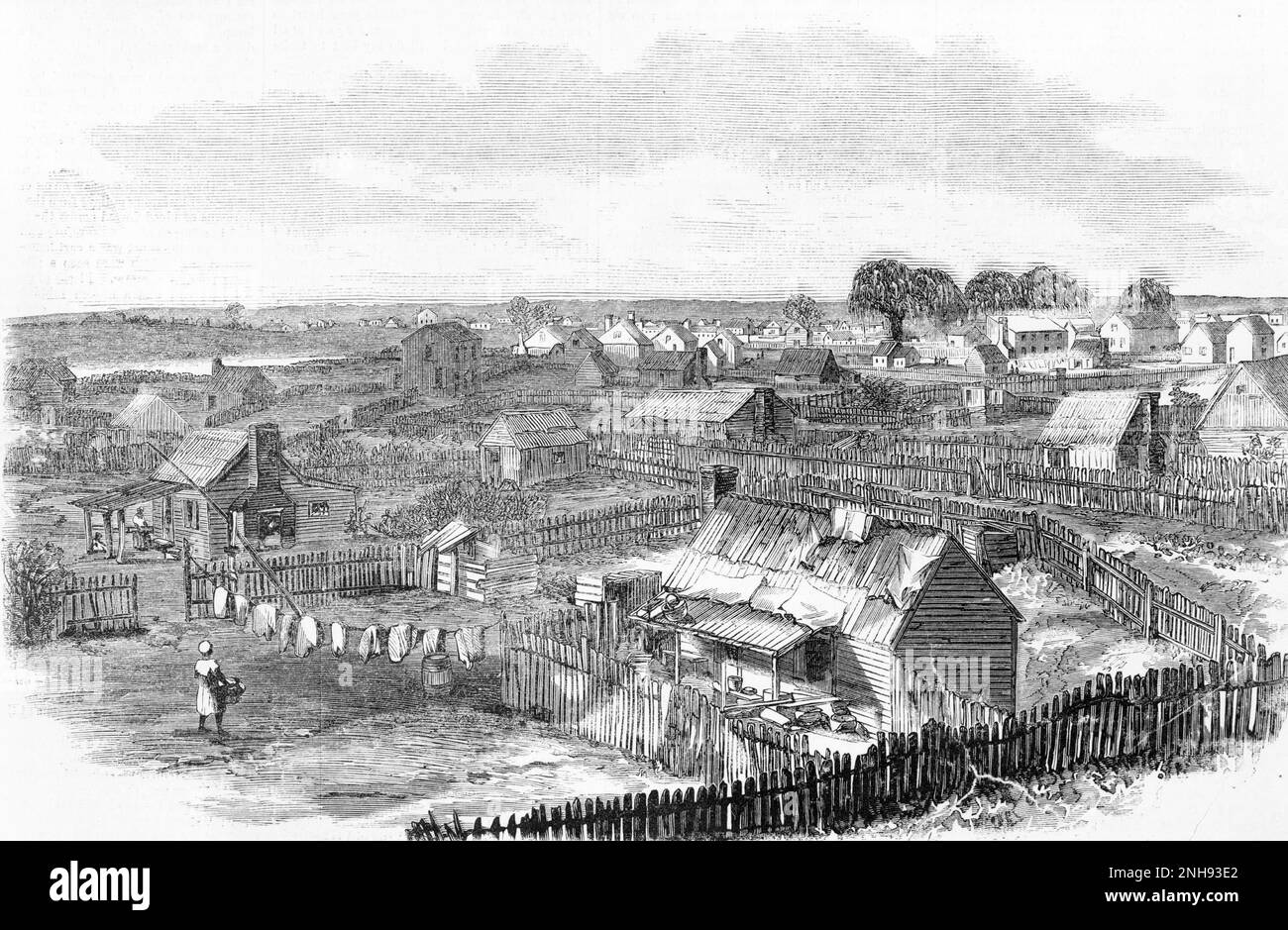 Freedman's village, Hampton, Virginia, a settlement established by the U.S. Government in 1863 for former slaves. Wood engraving, Harper's Weekly, September 30, 1865. Stock Photo