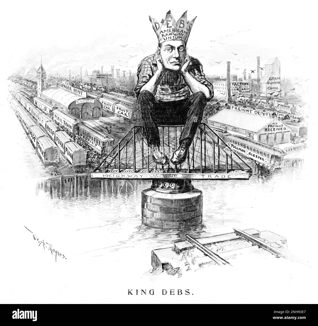 Cover cartoon of Harper's Weekly, July 14, 1894. Eugene V. Debs (1855-1926) was an American socialist, political activist, trade unionist, and one of the founding members of the Industrial Workers of the World (IWW). As president of the American Railway Union, he led a boycott against handling trains with Pullman cars in what became the nationwide Pullman Strike of 1894./nHe was criticized in the press for causing food shortages and passenger delays. /n Stock Photo