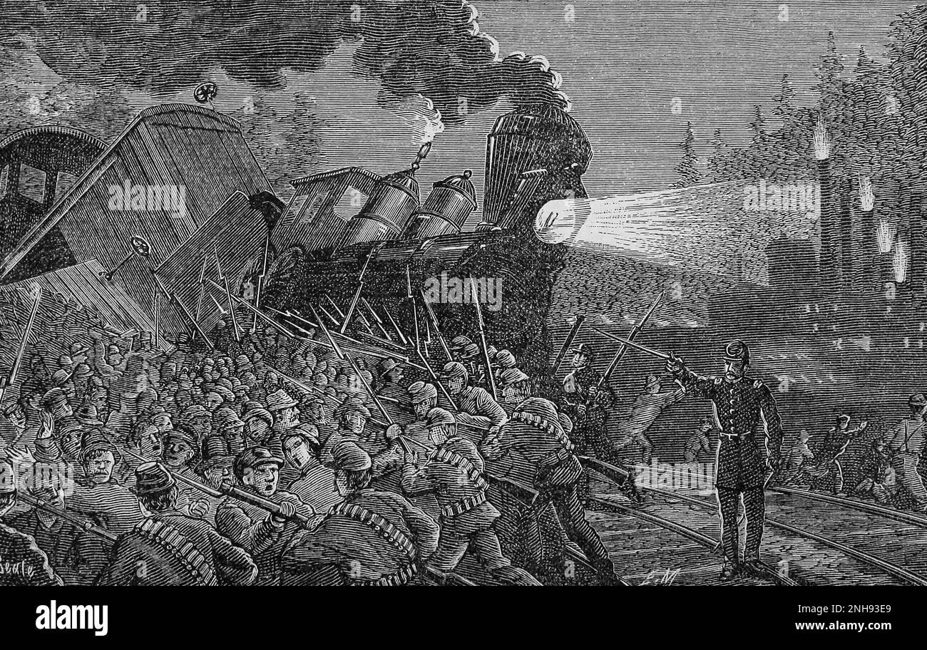 The Great Railroad Strike of 1877 began on July 14 in Martinsburg, West Virginia, after the B&O Railroad cut wages for the third time in a year. It spread to other cities and was ended by federal troops and militia after 52 days. This engraving shows the 'capture of a hundred rioters by regular troops under Col. Hamilton' in Johnstown, PA. Illustration from 1878. Stock Photo