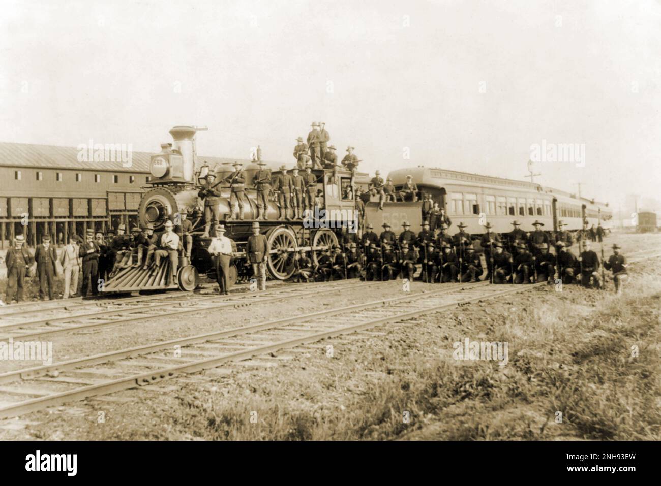 Special patrolling train, Rock Island Railroad, with Company C, 15th U. S. infantry at Blue Island, Illinois. The Pullman Strike comprised two interrelated strikes in 1894, first by the American Railway Union (ARU) against the Pullman factory in Chicago, and then, when that failed, a national boycott against all trains that carried Pullman passenger cars, which lasted from May 11 to July 20 and was a turning point for US labor law./n/n/n Stock Photo