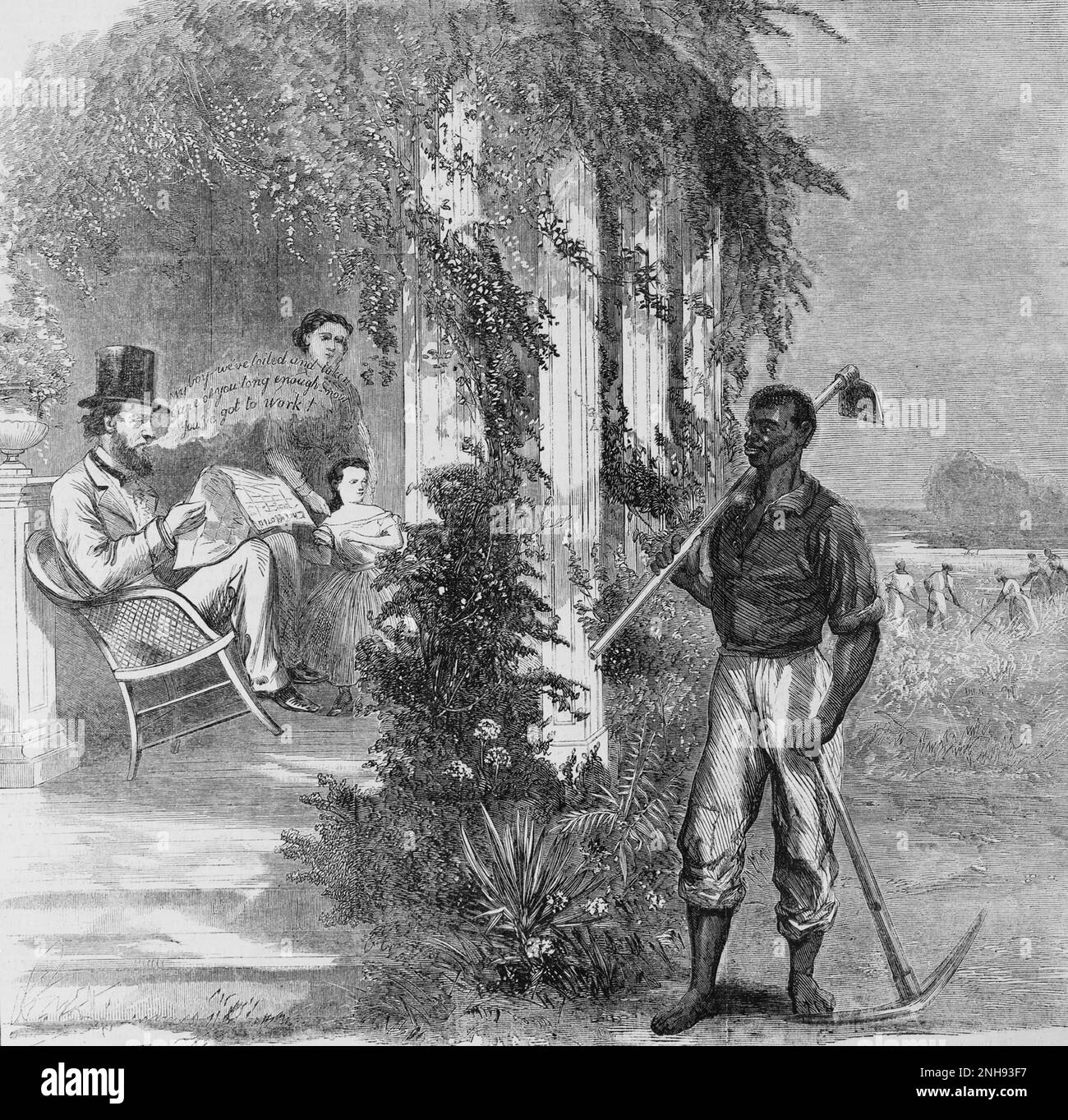 A satirical illustration of 'the great labor question from a Southern point of view': a white man, relaxing on a plantation porch with his family, says to a black man standing nearby with pick and hoe, 'My boy - we've toiled and taken care of you long enough - now you've got to work!' Harper's Weekly, July 29, 1865. Stock Photo