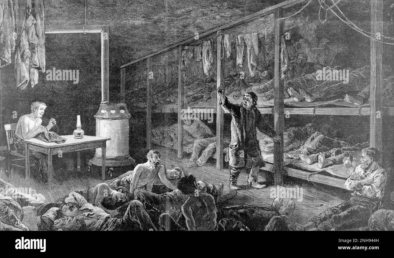 Cheap lodging-houses as nests of disease, A night scene in a 'five-cent' den on Pearl Street. A crowded shelter in Lower Manhattan. From Frank Leslie's illustrated newspaper, March 18, 1882. Sketch by Joseph Becker. Stock Photo