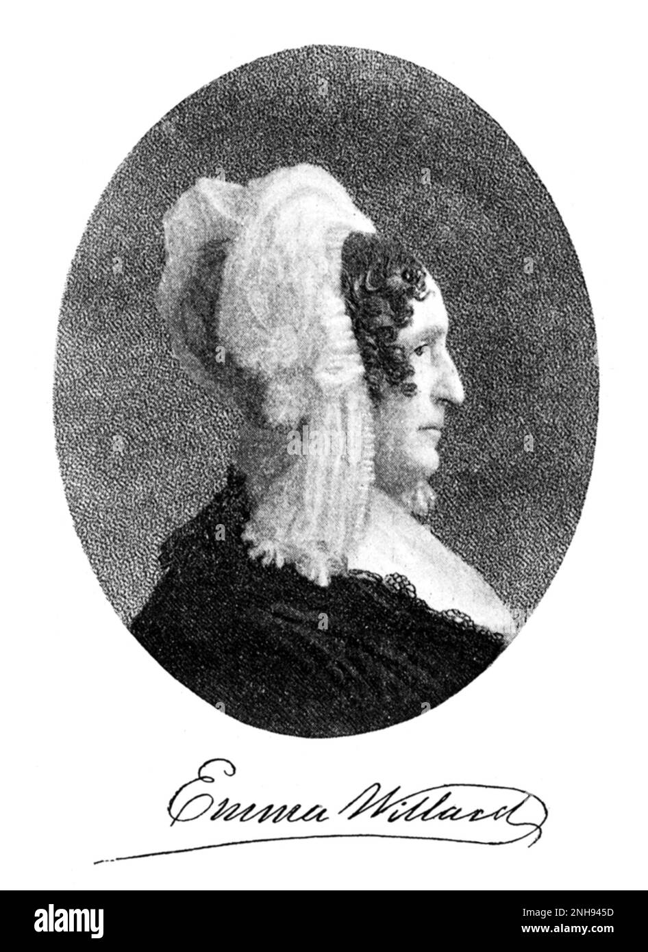 Emma Hart Willard (1787-1870) was an American female education activist who founded the first school for women's higher education, the Troy Female Seminary in Troy, New York. With the success of her school, Willard was able to travel across the country and abroad, to promote education for women. Portrait from a leaflet, c. 1895./n/n Stock Photo