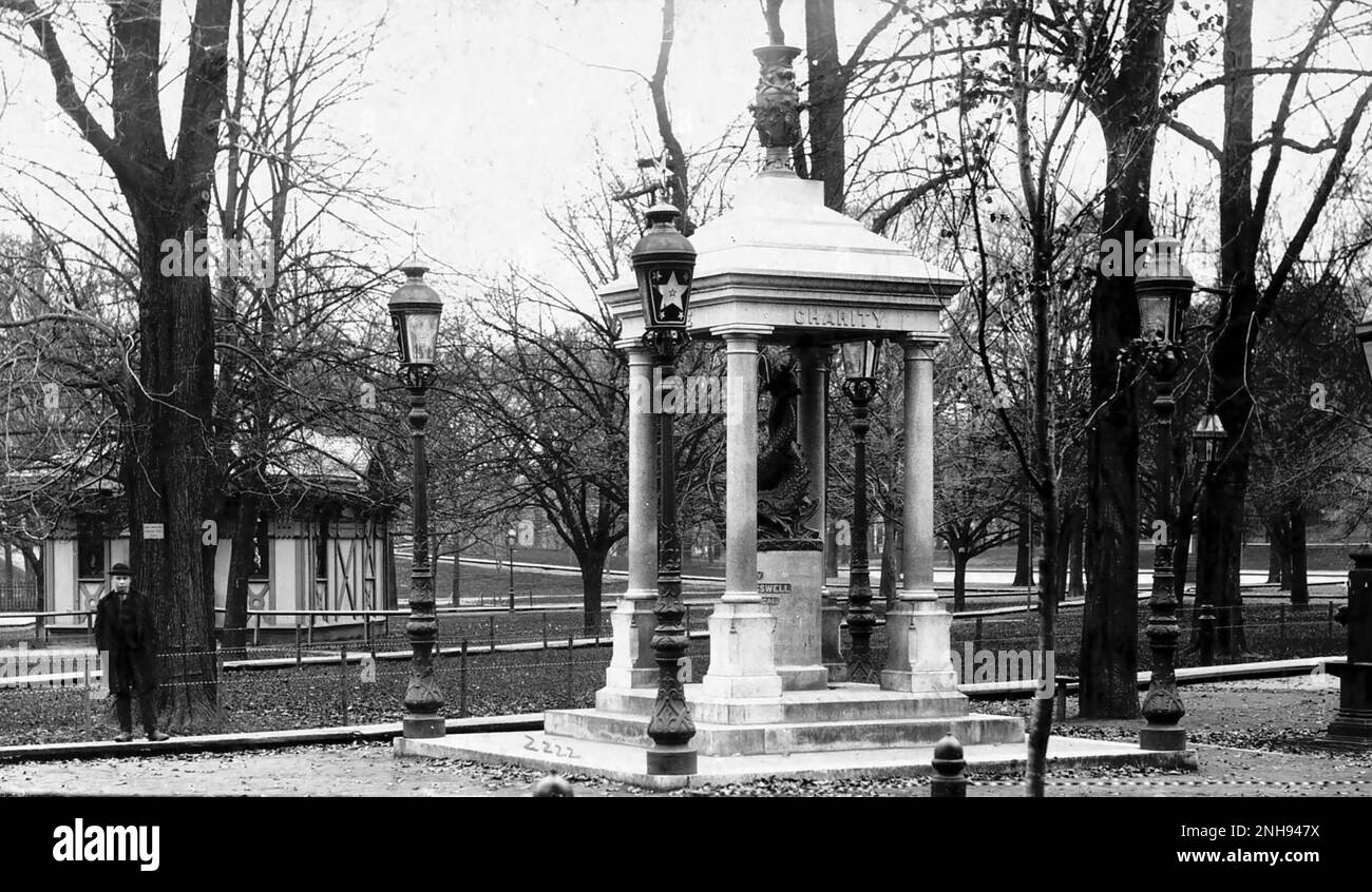 In the late 19th century, temperance groups financed and built water fountains in public places, hoping that access to clean drinking water, in an era when water was often dirty and foul-tasting, would cut down on people entering saloons to quench their thirst. Boston Common, 1890./n Stock Photo