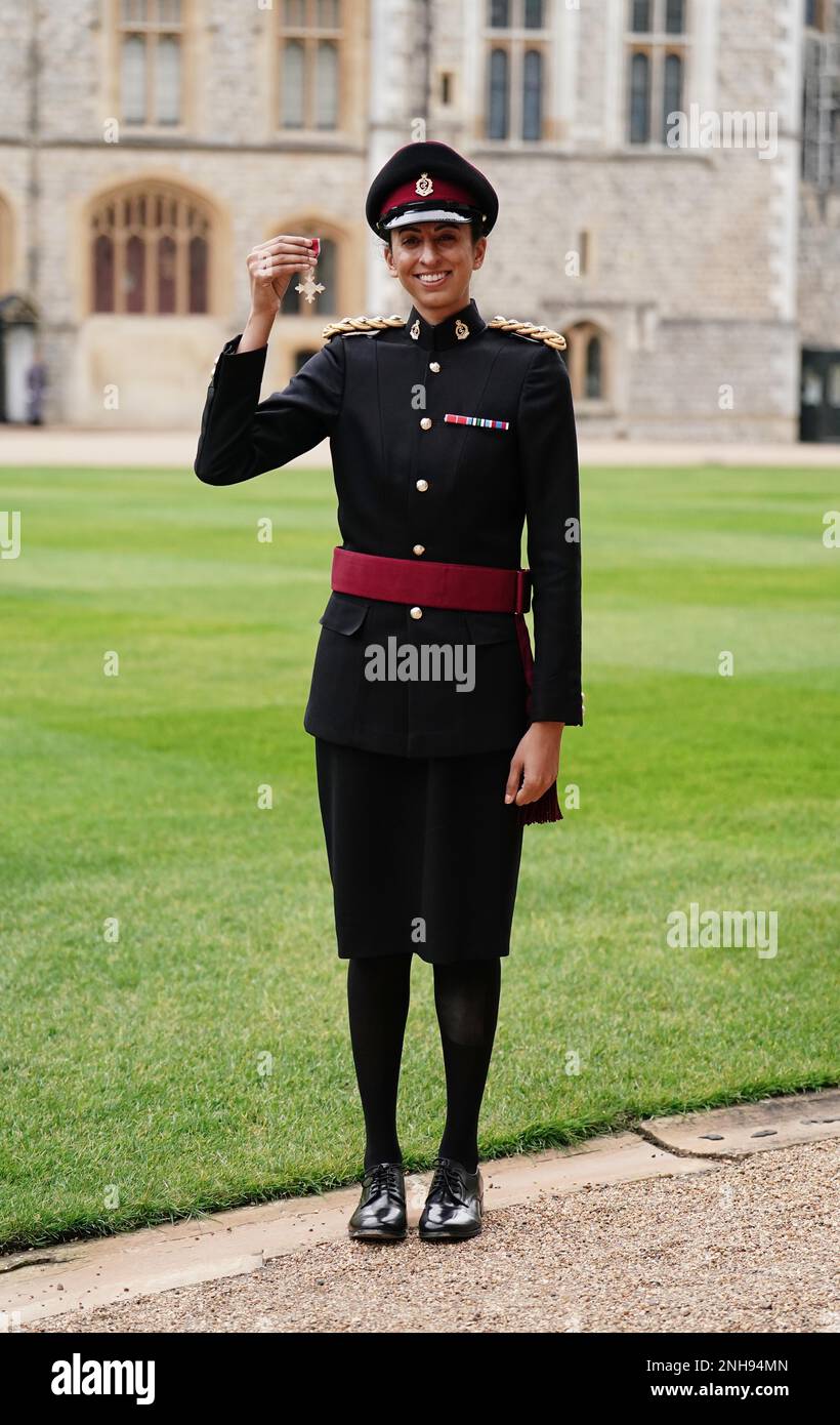 Captain Preet Chandi after being made an MBE (Member of the Order of the British Empire) during an investiture ceremony at Windsor Castle. Picture date: Tuesday February 21, 2023. Stock Photo