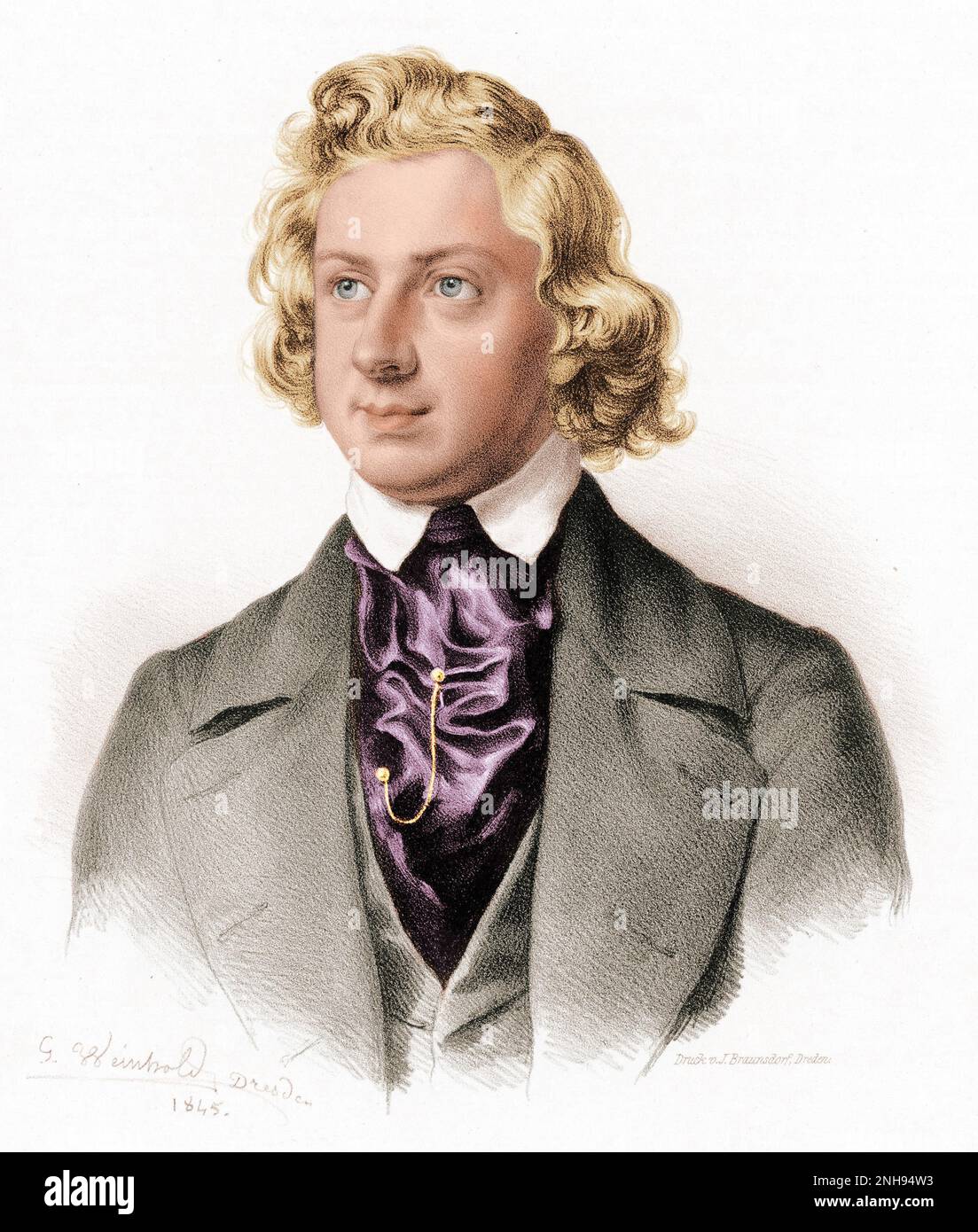 Niels Wilhelm Gade (1817-1890) was a Danish composer, conductor, violinist, and organist. Engraving by Johann Georg Weinhold (1813-1880) from 1845. Colorized. Stock Photo