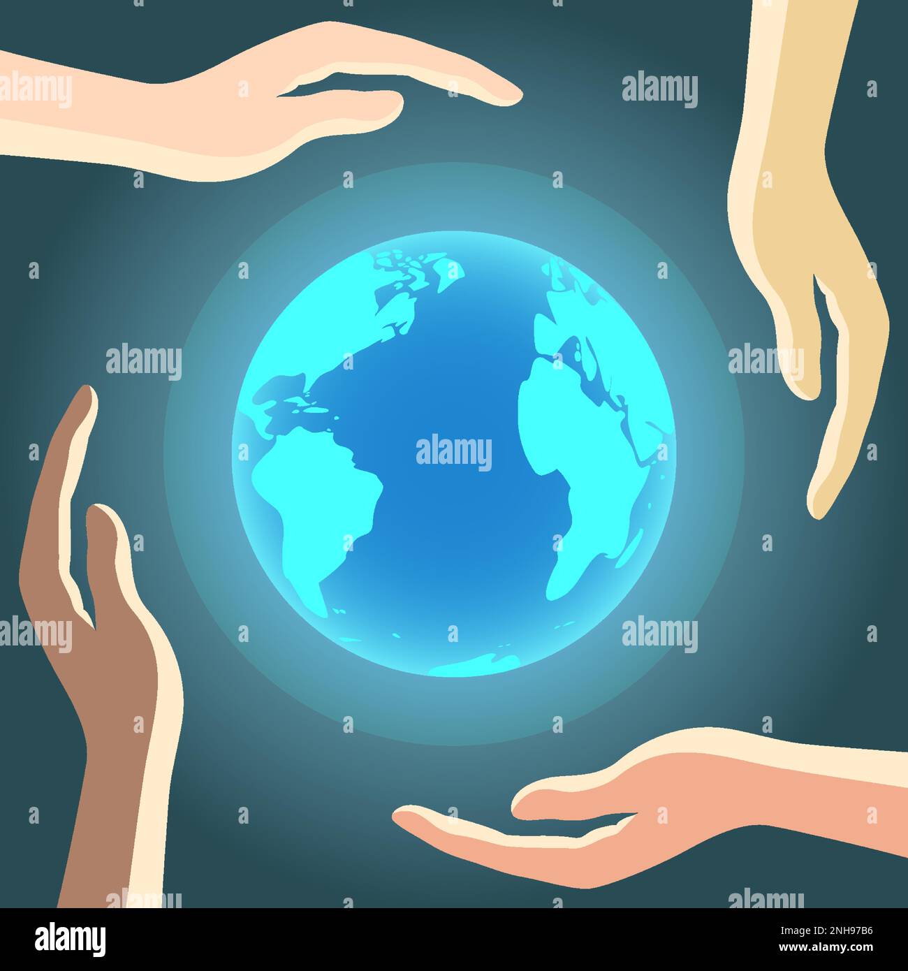 Earth Day on April 22 concept.Hands of people of different races protect the Earth atmosphere. Stock Vector