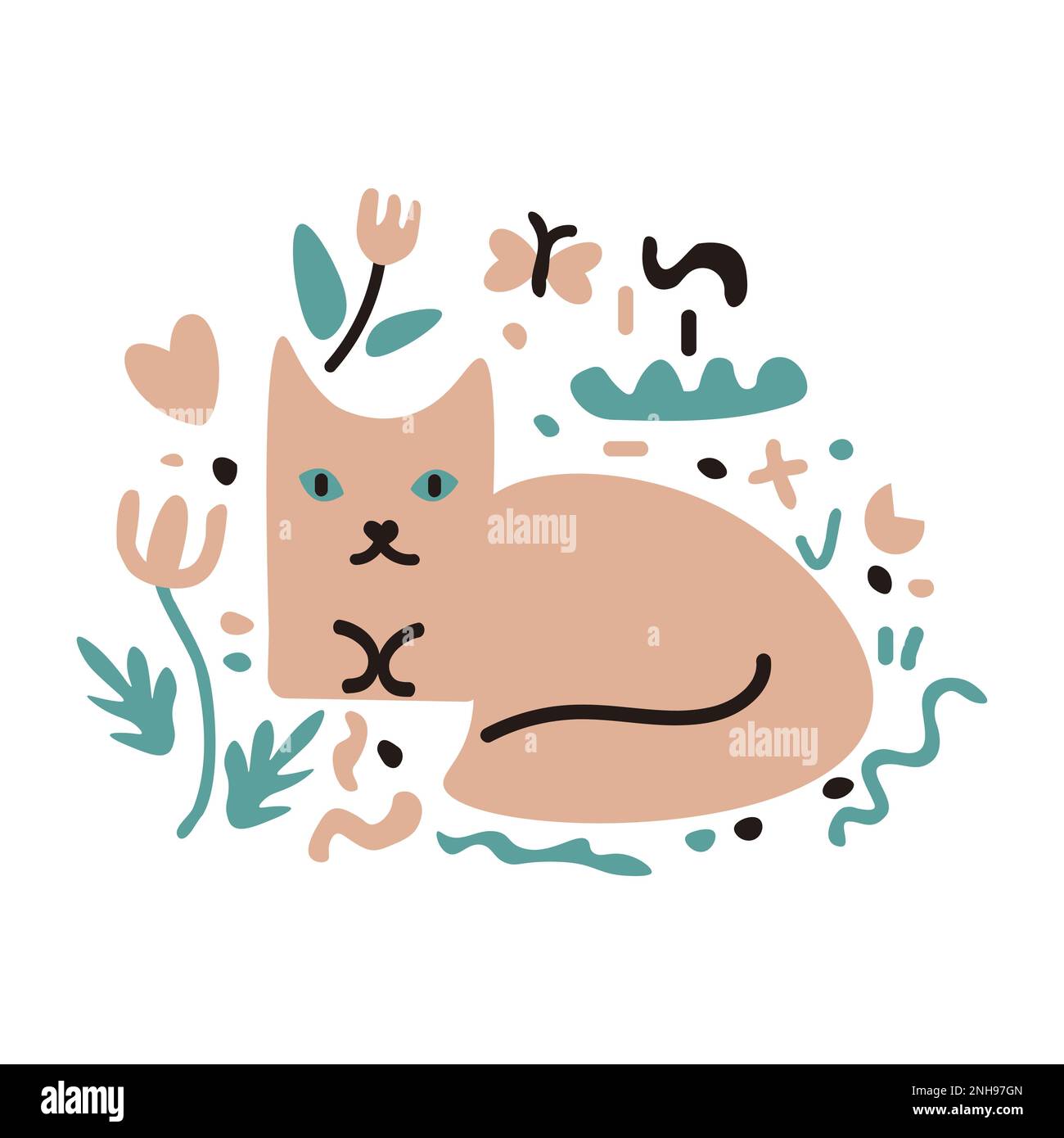 Cat and flowers freehand vector illustration Stock Vector Image & Art ...