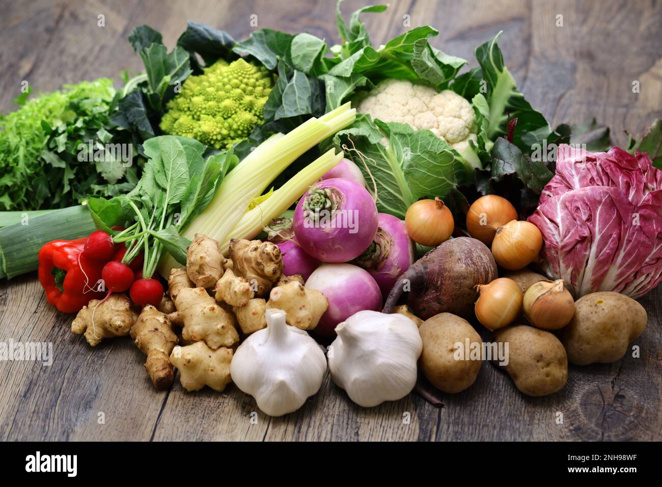 Various italian vegetables prepared for bagna cauda. Bagna cauda(Italian Piedmont cuisine)  is a hot dip made from garlic and anchovies. Stock Photo