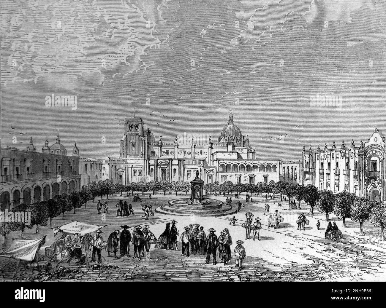Early View of Plaza de Armas in the Town Centre, Old Town or Historic District with Cathedral & Palace of Guadalajara Jalisco, Mexico. Vintage Engraving or Illustration 1862 Stock Photo