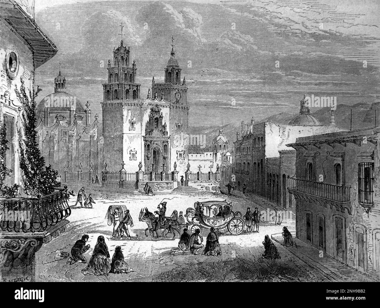 Carriage or Coach & Horses Crossing Plaza Mayor, Town Square and Cathedral in the Old Town Guanajuato Mexico. Vintage Engraving or Illustration 1862 Stock Photo