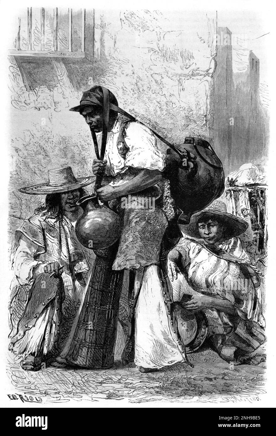 Aguador, Water Carrier or Water Sellers Mexico. Vintage Engraving or