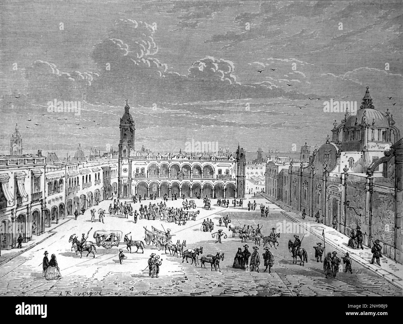 Main Square or Plaza of Heroica Veracruz City Mexico. Vintage Engraving