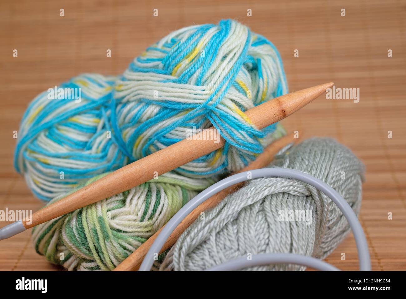 Crochet yarn and crochet hook in a closeup Stock Photo