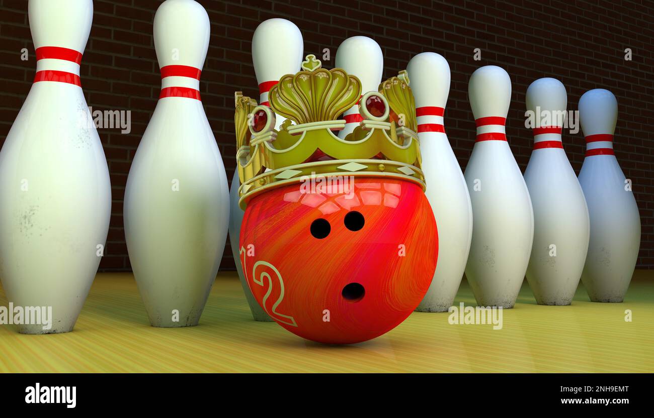 A row of bowling pins and a red bowling ball in a golden crown 3D ...