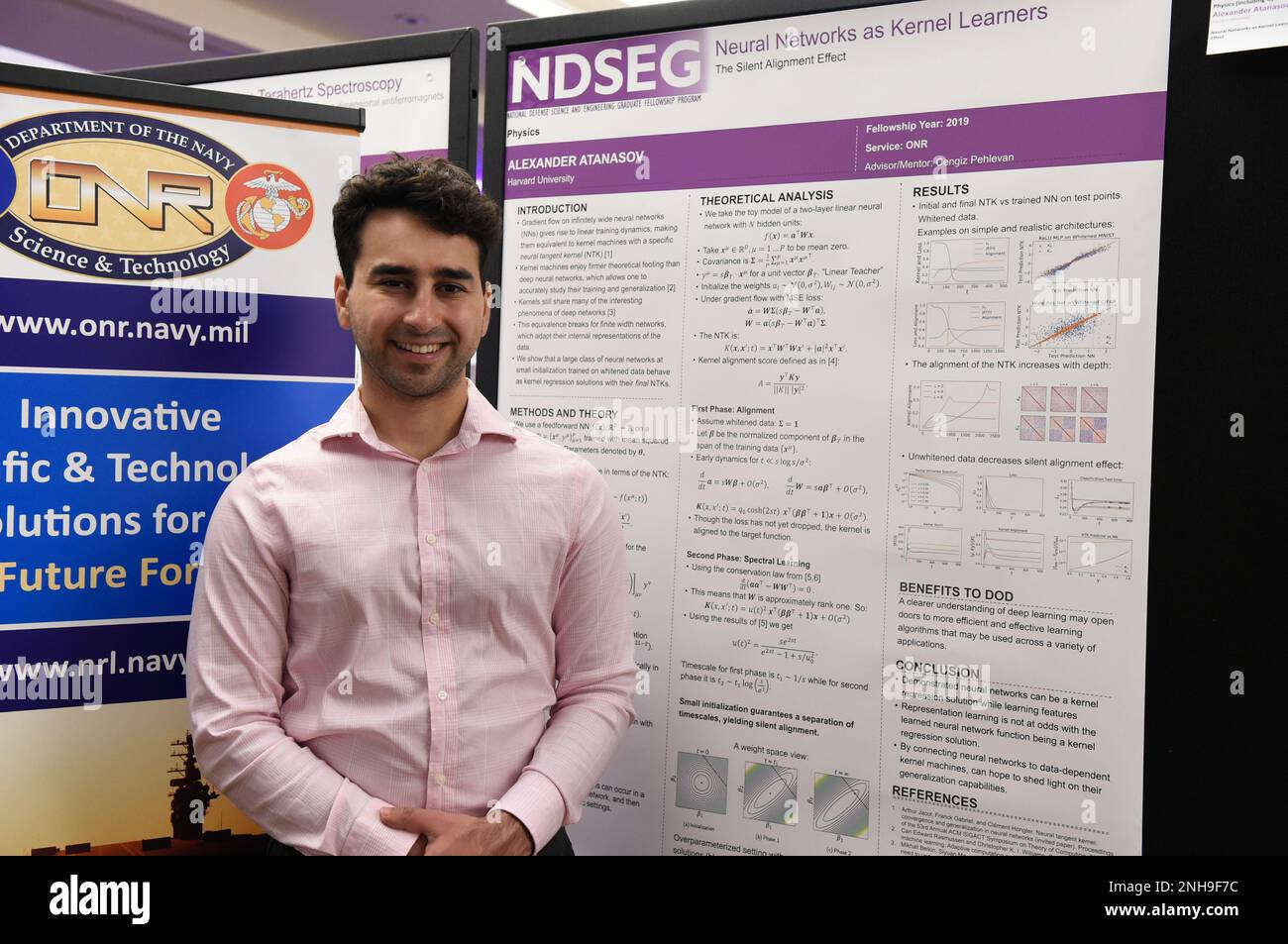 Alexander Atanasov, a graduate student in the physics department at Harvard University, presents his on neural networks research at the 2022 DoD National NDSEG Fellows Conference. Atanasov was one the NDSEG Fellows sponsored by the Office of Naval Research. Stock Photo