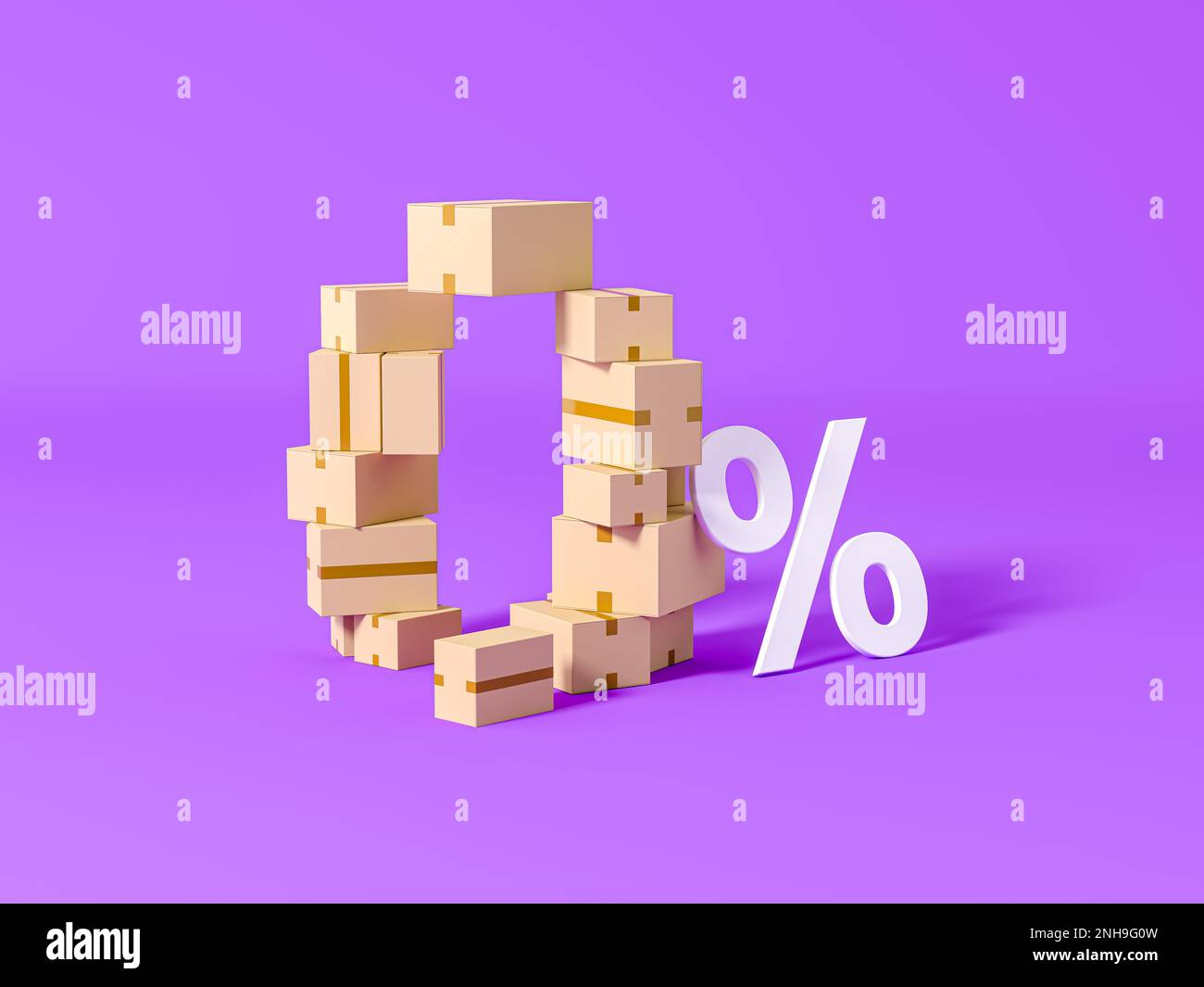 Boxes are supplied as the number zero, with a percent symbol. Free shipping concept. Delivery metaphor, revealing the concept of discount and shopping Stock Photo
