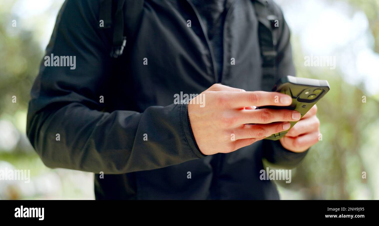 Man, hands and phone for hiking gps, location or map in Australian