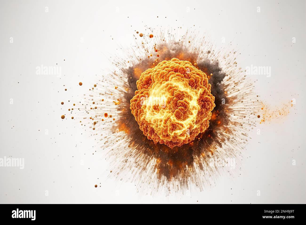 fireball created by a nuclear explosion set against a white background, isolated. mushroom cloud of the explosion and the destruction caused by the Stock Photo