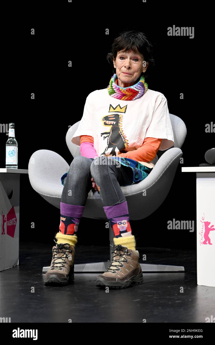 Berlin, Germany. 21st Feb, 2023. Geraldine Chaplin, actress from the USA, sits on stage at the Berlinale Talents Event of the film 'In the Limelight: Being John & Geraldine'. The 73rd International Film Festival will take place in Berlin from Feb. 16-26, 2023. Credit: Jens Kalaene/dpa/Alamy Live News Stock Photo