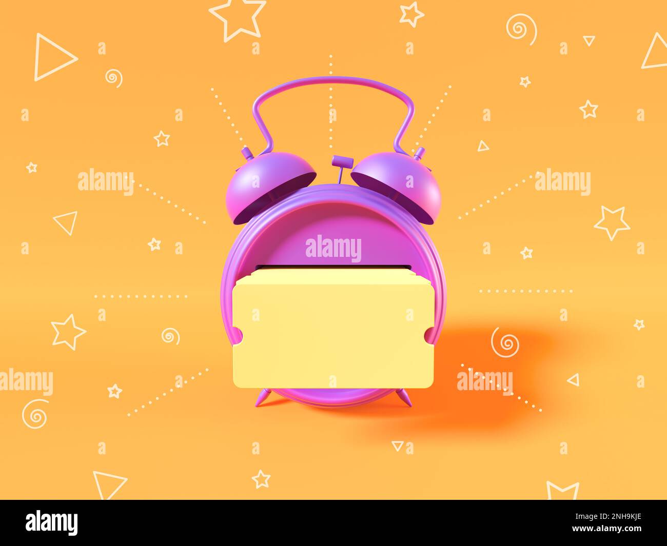 Purple alarm clock giving yellow tickets. Metaphor of lottery tickets