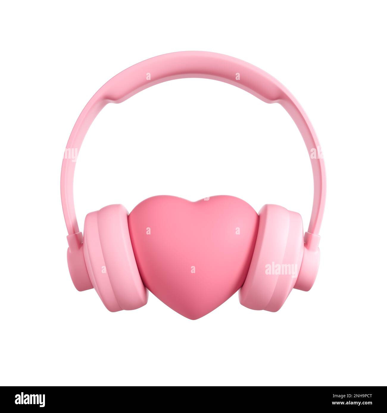 Pink Headphones around the Pink heart shape against on a white isolated background. Minimal flat lay concept. 3d render Stock Photo