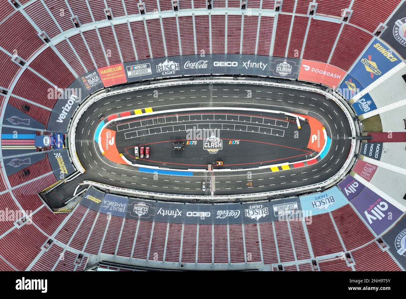 A general overall aerial view of the temporary asphalt racetrack at the Los Angeles Memorial Coliseum, Wednesday, Feb