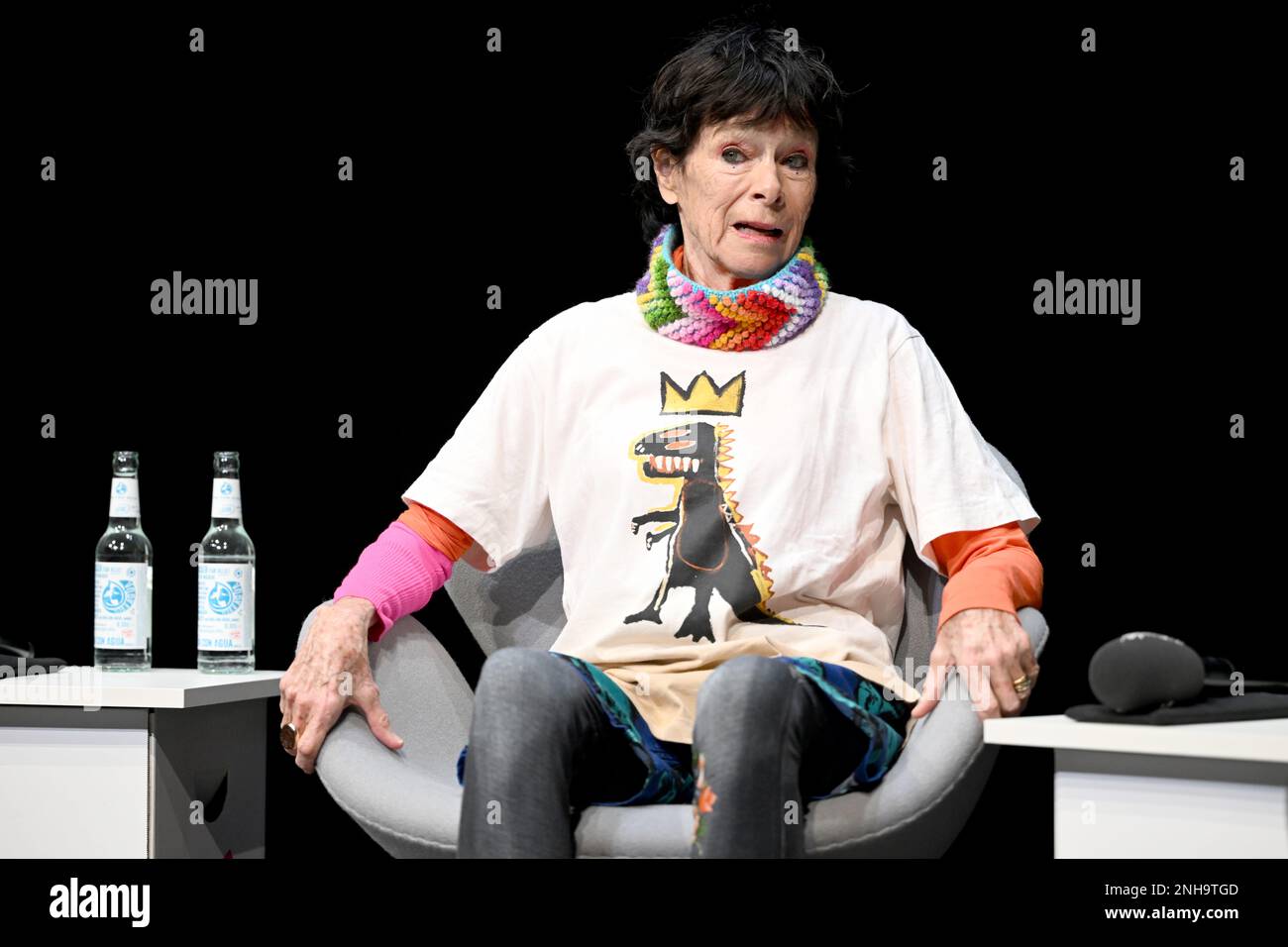 Berlin, Germany. 21st Feb, 2023. Geraldine Chaplin, actress from the USA, sits on stage at the Berlinale Talents Event of the film 'In the Limelight: Being John & Geraldine'. The 73rd International Film Festival will take place in Berlin from Feb. 16-26, 2023. Credit: Jens Kalaene/dpa/Alamy Live News Stock Photo