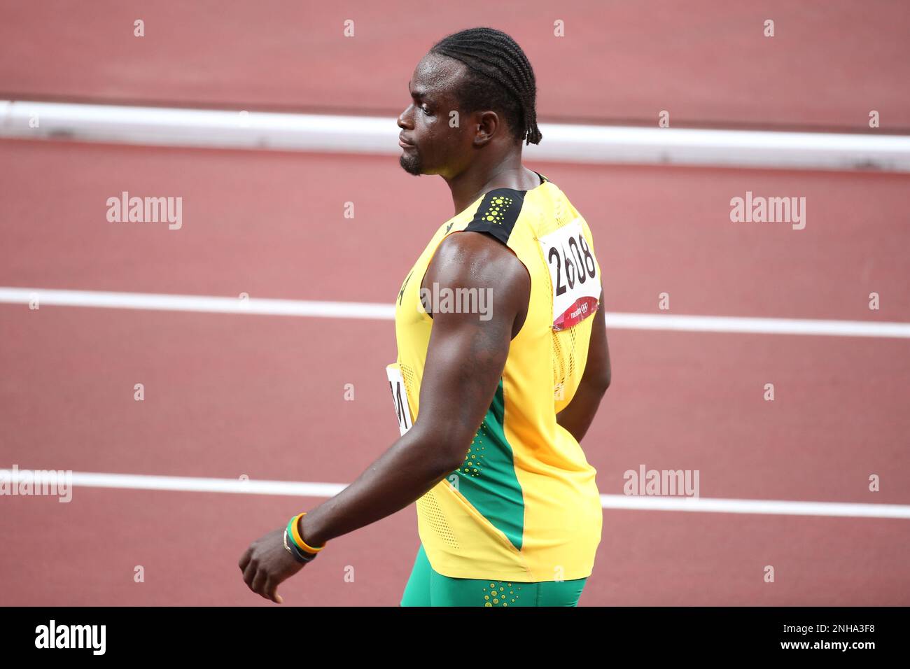 AUG 06, 2021 - Tokyo, Japan: Jevaughn Minzie of Jamaica in the Athletics Men's 4 x 100m Relay Final at the Tokyo 2020 Olympic Games (Photo: Mickael Chavet/RX) Stock Photo