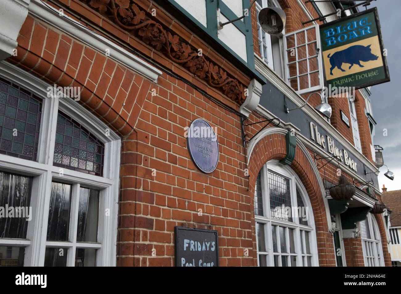 A blue plaque on the Blue Boar pub, Southend-on-Sea, commemorating the place where Southend United Football Club was formed at a meeting in 1906. Stock Photo