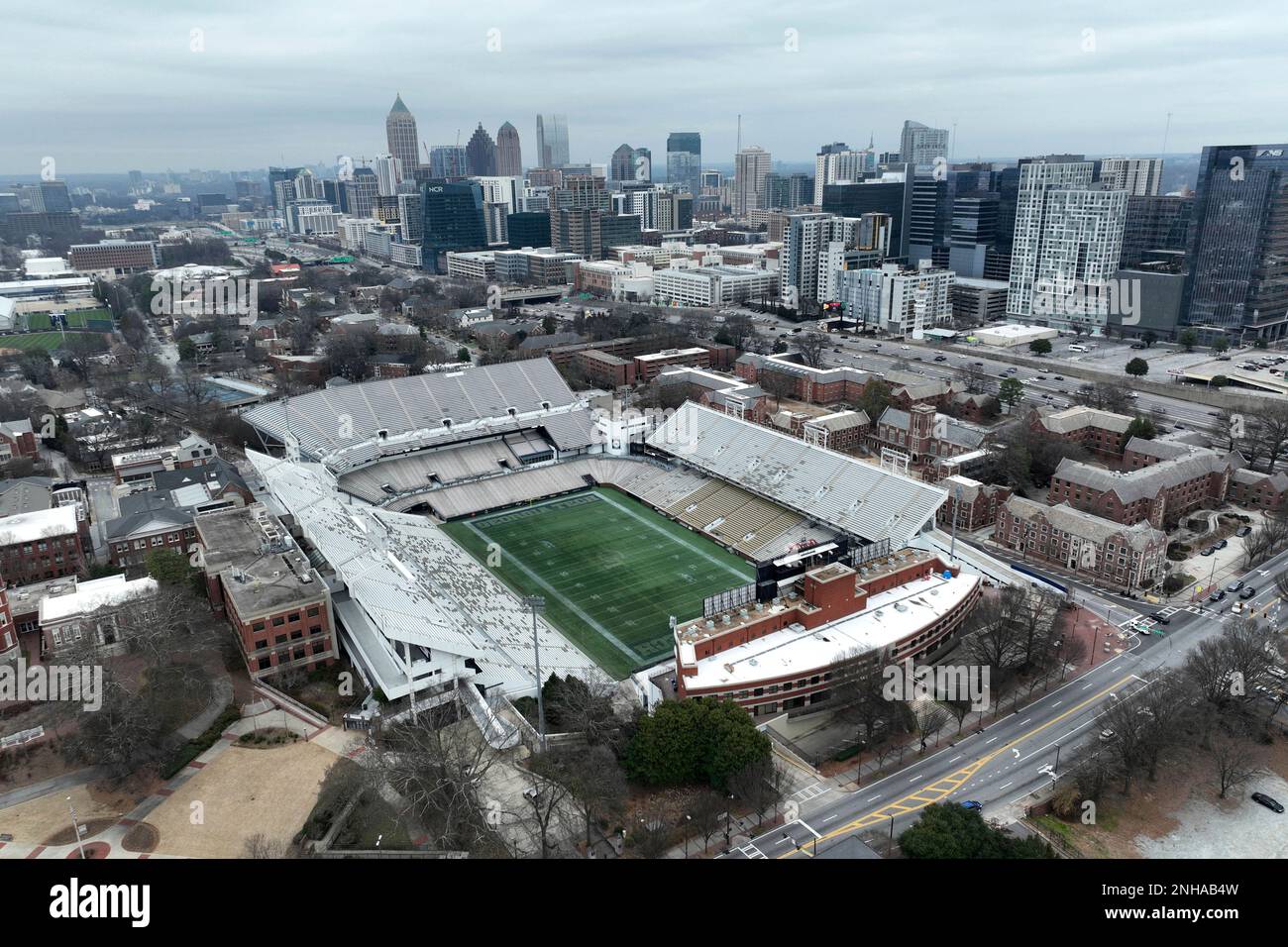 A general overall aerial view of Bobby Dodd Stadium at Historic Grant 
