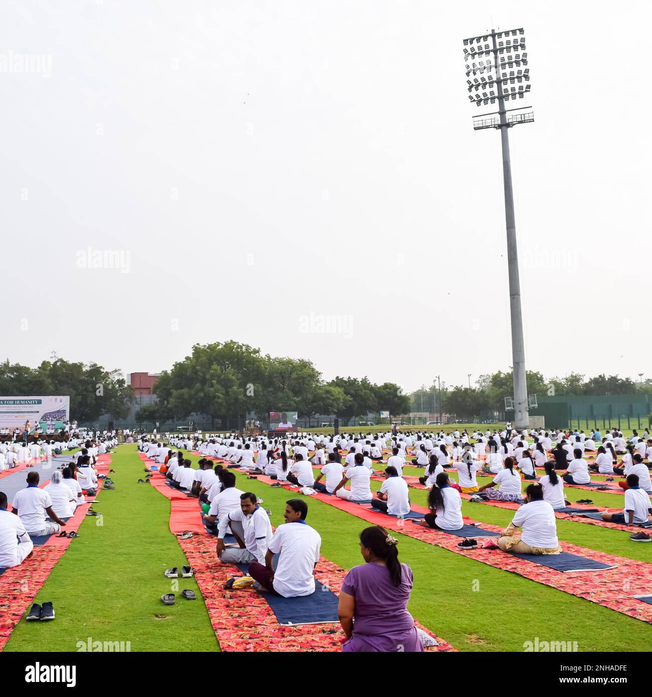 New Delhi, India, June 21 2022 Group Yoga exercise session for people