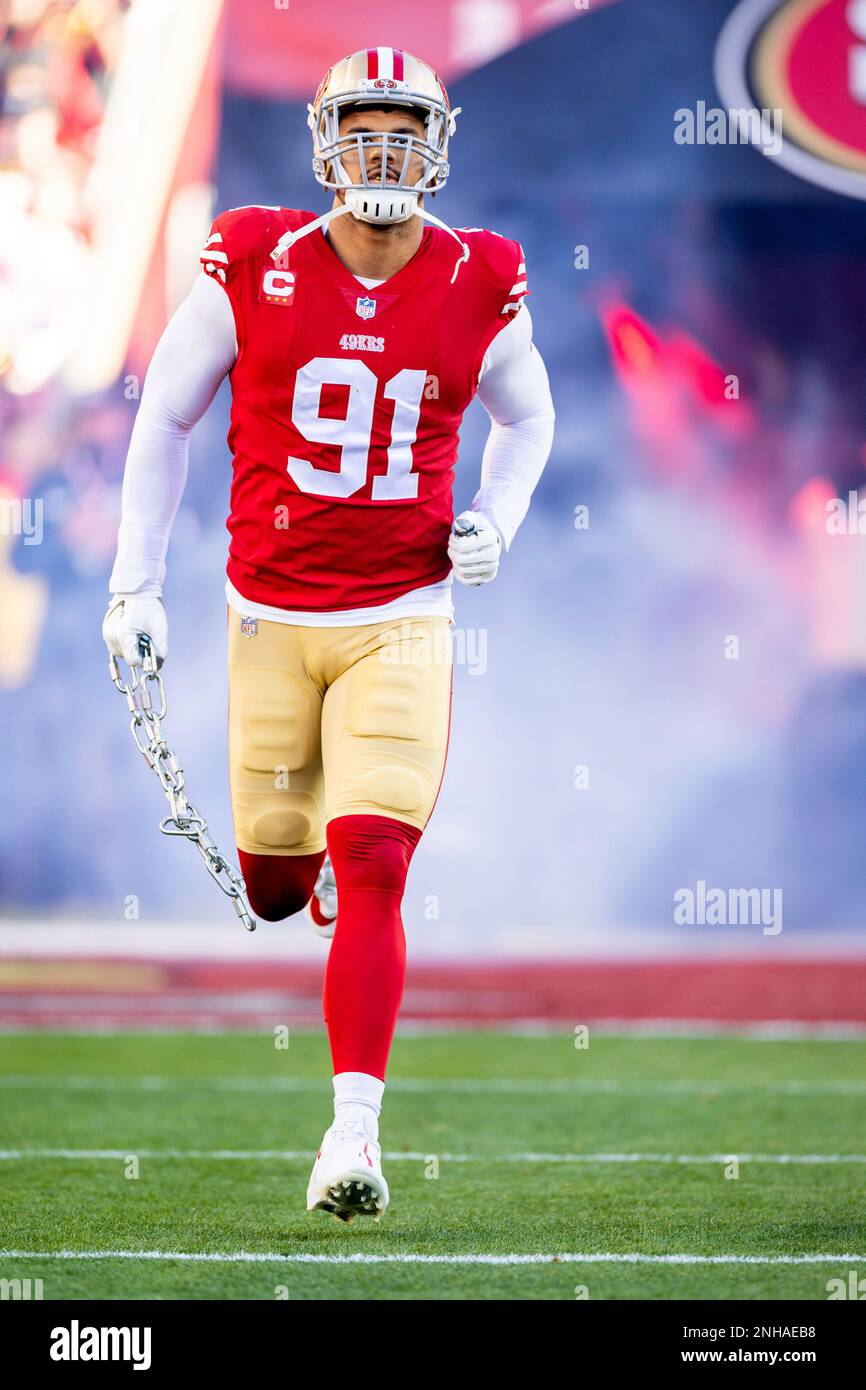 SANTA CLARA, CA - JANUARY 22: San Francisco 49ers defensive end Arik  Armstead (91) runs onto the field before the NFL NFC Divisional Playoff  game between the Dallas Cowboys and San Francisco