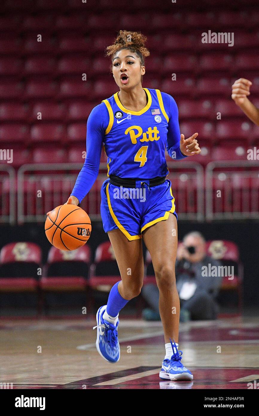 CHESTNUT HILL, MA - JANUARY 29: Pittsburgh Panthers guard Emy Hayford (4)  dribbles the ball during a women's college basketball game between the  Pittsburgh Panthers and the Boston College Eagles on January