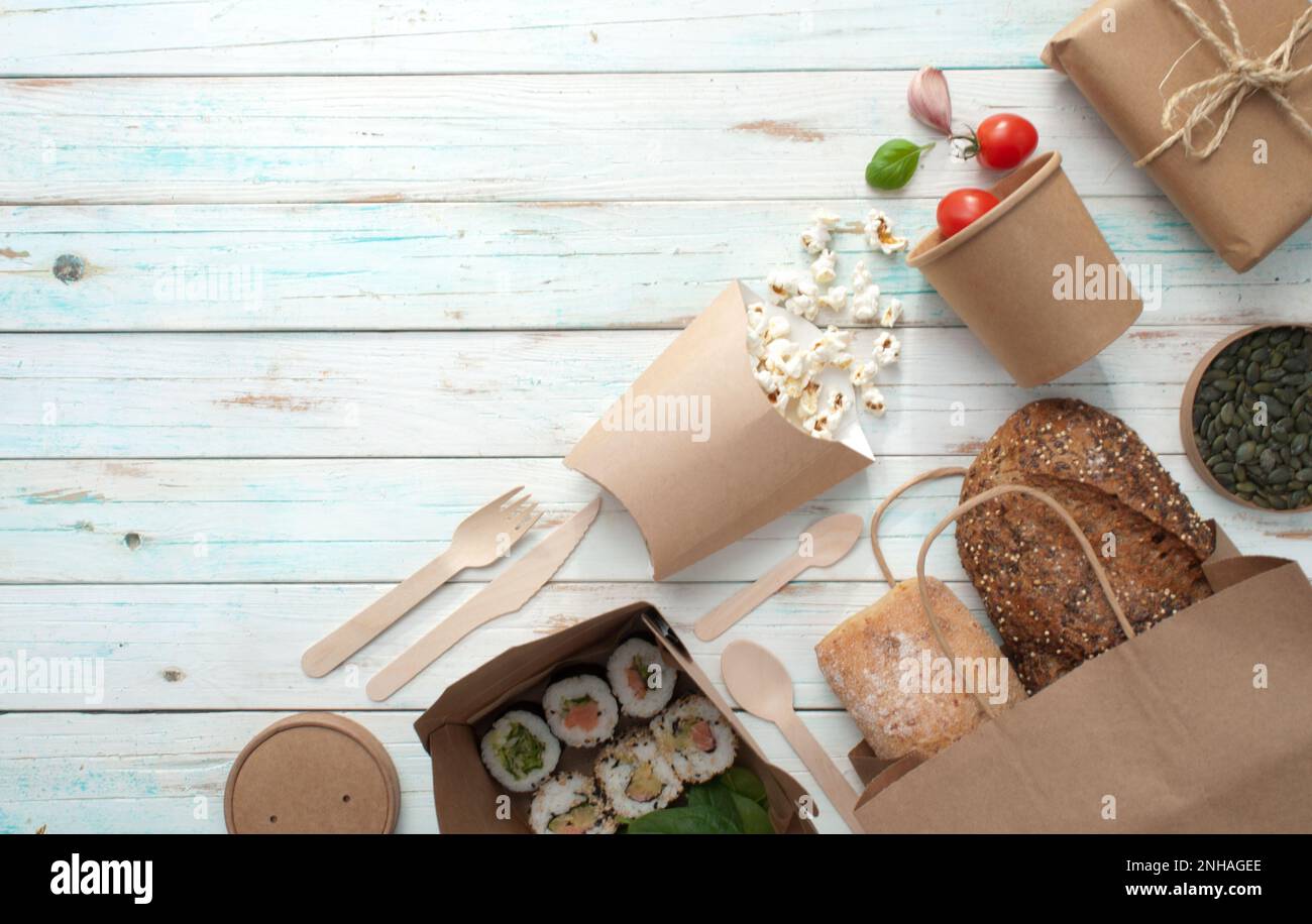 Collection of eco sustainable food packaging with healthy food, low carbon green revolution concept Stock Photo