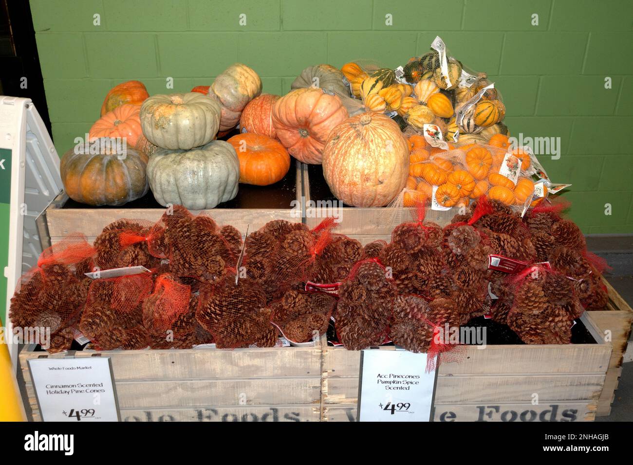 Autumn display at Whole Foods Market of pine cones and an array of various squash. St Paul Minnesota MN USA Stock Photo