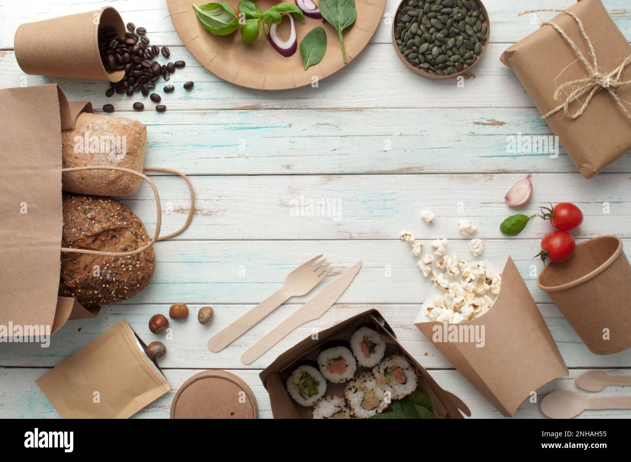 Collection of eco sustainable food packaging, low carbon green revolution concept Stock Photo